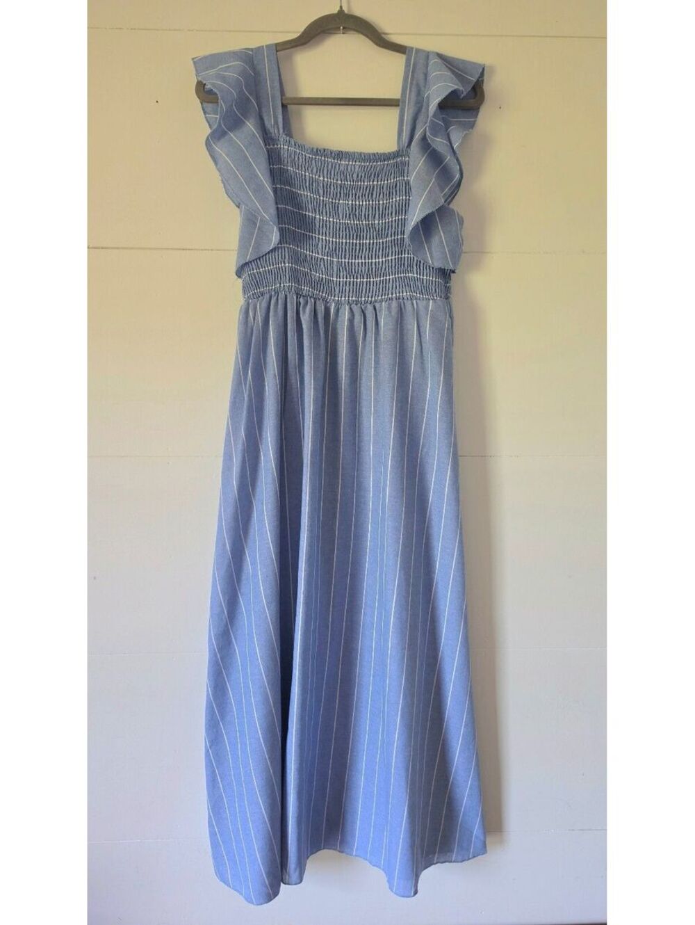 SHEIN Blue White Striped Smocked Maxi Dress Med Ruffle Sleeve Summer Boho, 304